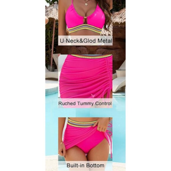 🆕BMJL Women’s High Waisted Bikini Set with Mesh Swim Skirt – Size Small NWT - Picture 2 of 2